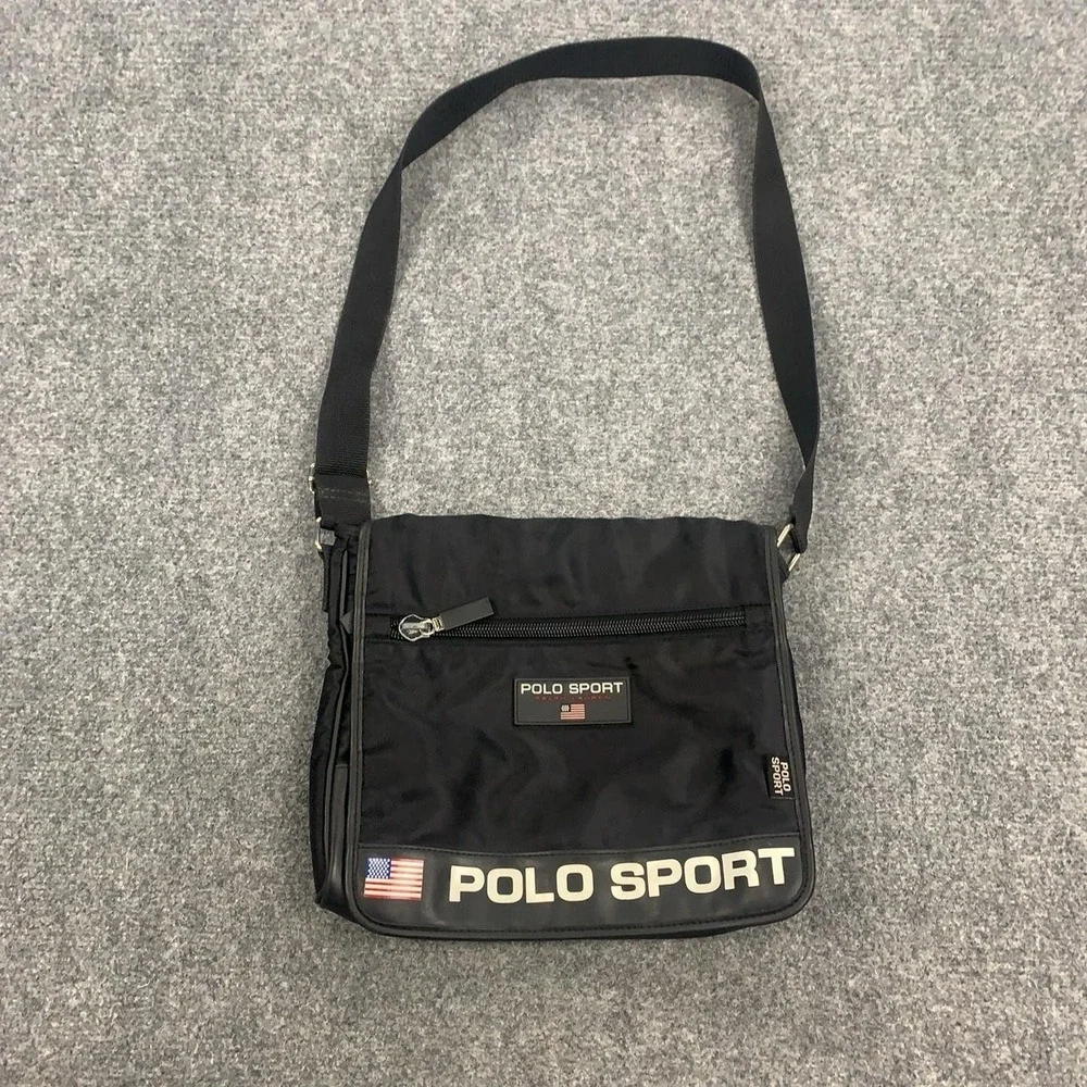Vintage Polo Sport Ralph Lauren Messenger Bag Mens Black Nylon Crossbody